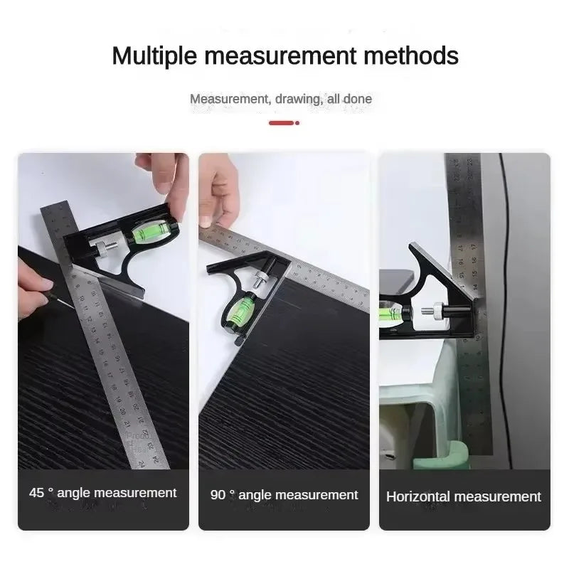 Multiple measurement methods shown for an adjustable combination square including 45, 90 degree angle and horizontal measurem