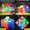 A colorful magnetic cube with corner cutouts and a glowing core, shown alongside its Maglev Ball Core version.