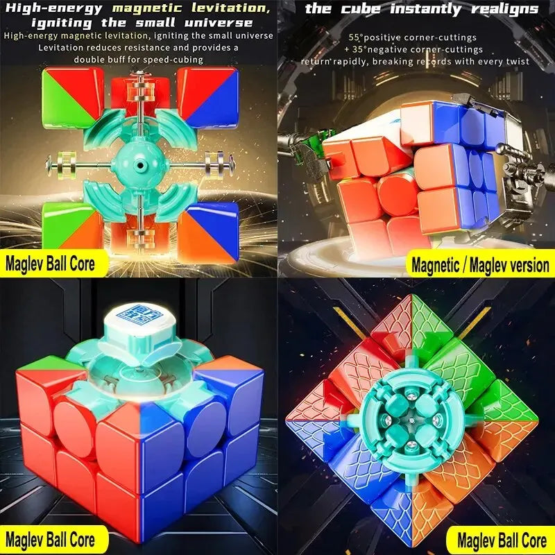 A colorful magnetic cube with corner cutouts and a glowing core, shown alongside its Maglev Ball Core version.