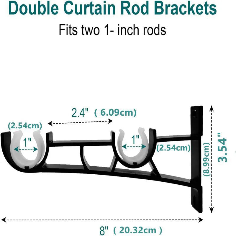 Double curtain rod brackets for two 1-inch rods, featuring a black metal design.