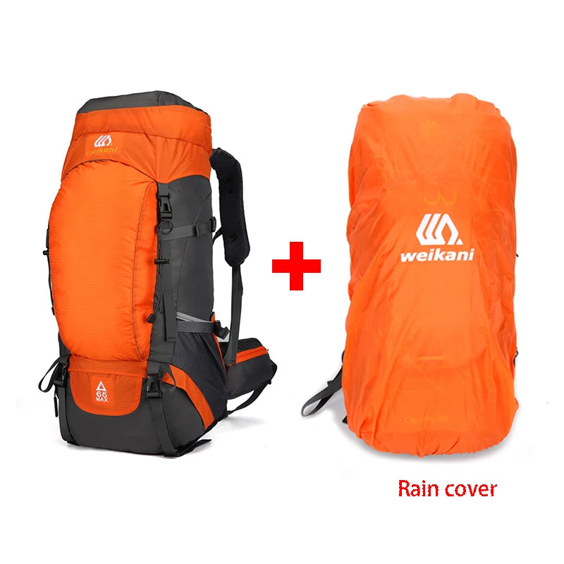 Orange waterproof hiking backpack with black accents shown next to its rain cover.