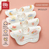 A set of five white soft cotton muslin bandana bibs featuring cloud and nature designs for babies