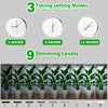 A set of three timing modes (3, 9, and 12 hours) and nine dimming levels for a full spectrum LED grow light.