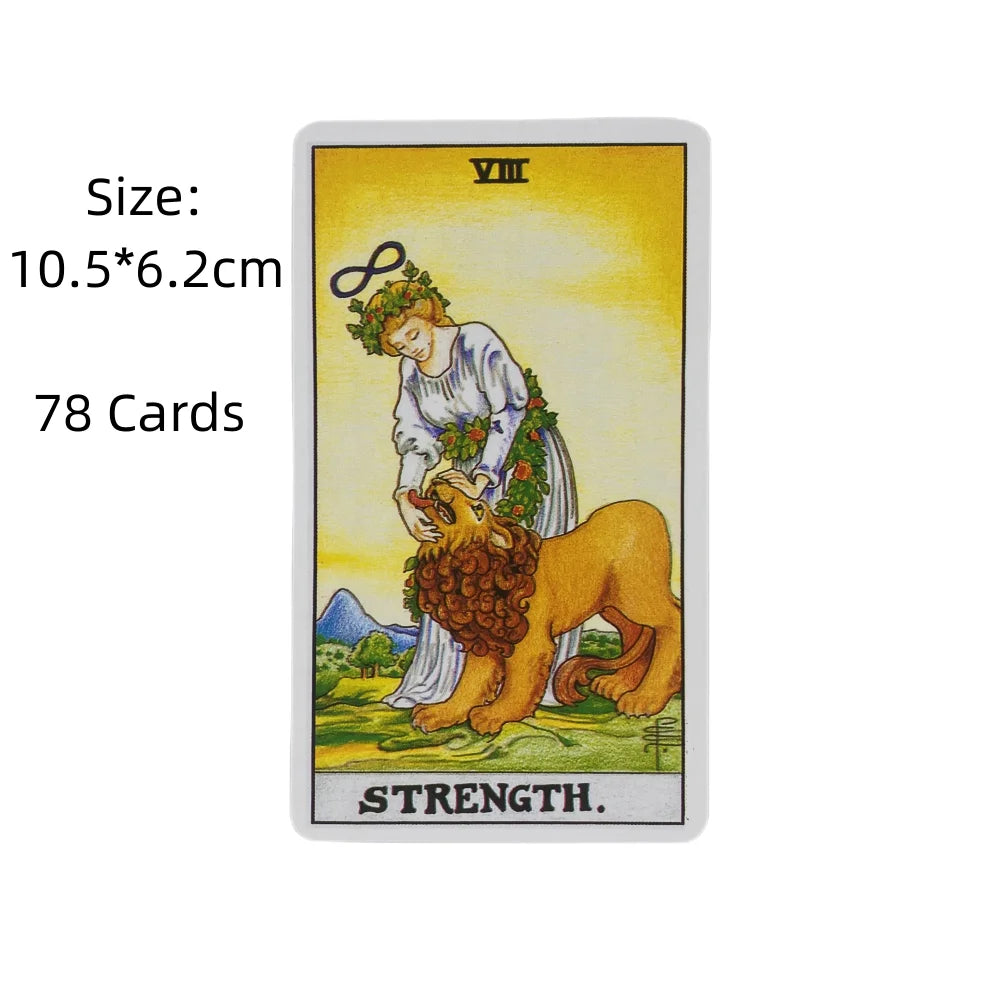 A tarot card labeled VIII Strength featuring a woman with a lion and foliage on a yellow background.