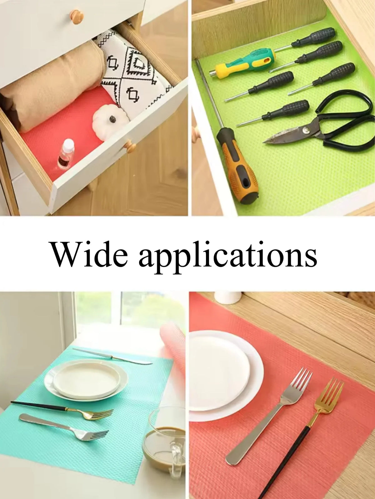 A set of four green EVA fridge shelf liners are shown in various applications, including a drawer and a cutting board.