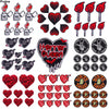 A set of ten embroidered iron-on patches featuring various horror and punk themed designs including hearts, skulls, and text.
