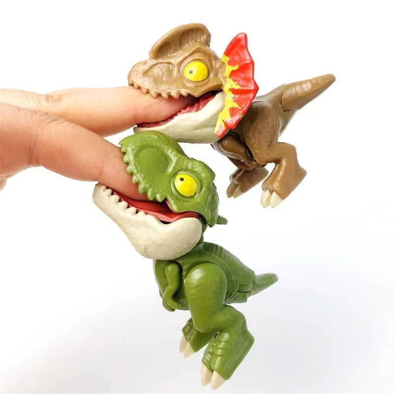 A hand is holding two plastic dinosaur toys, a green Triceratops and a reddish Tyrannosaurus, showing their teeth.