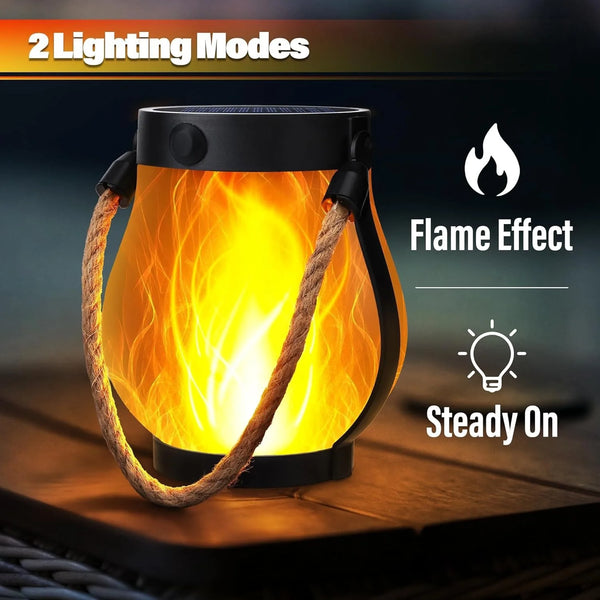 A solar flame rope lantern glowing brightly with a flame effect and steady on light mode.
