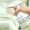 A hand is spraying a white aerosol product onto a surface, with text promoting mite and bacteria elimination.