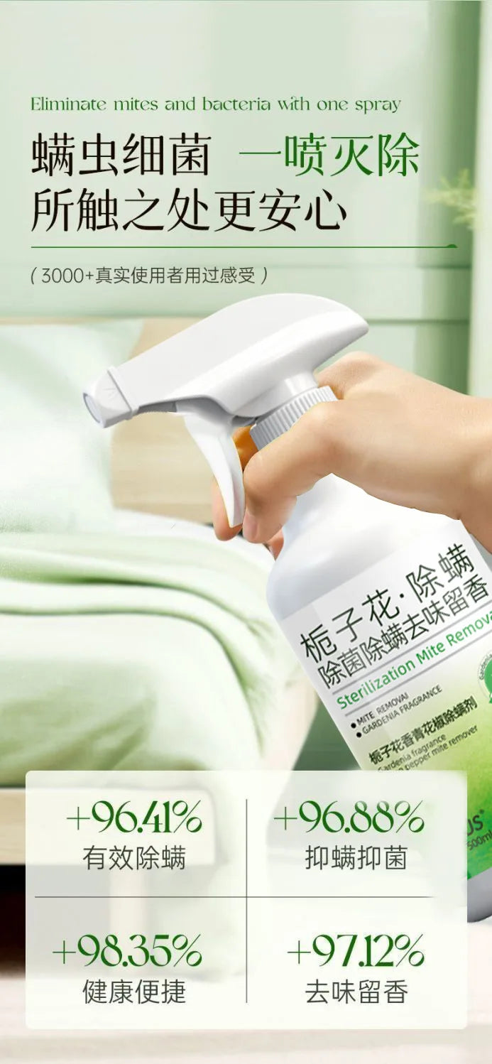 A hand is spraying a white aerosol product onto a surface, with text promoting mite and bacteria elimination.