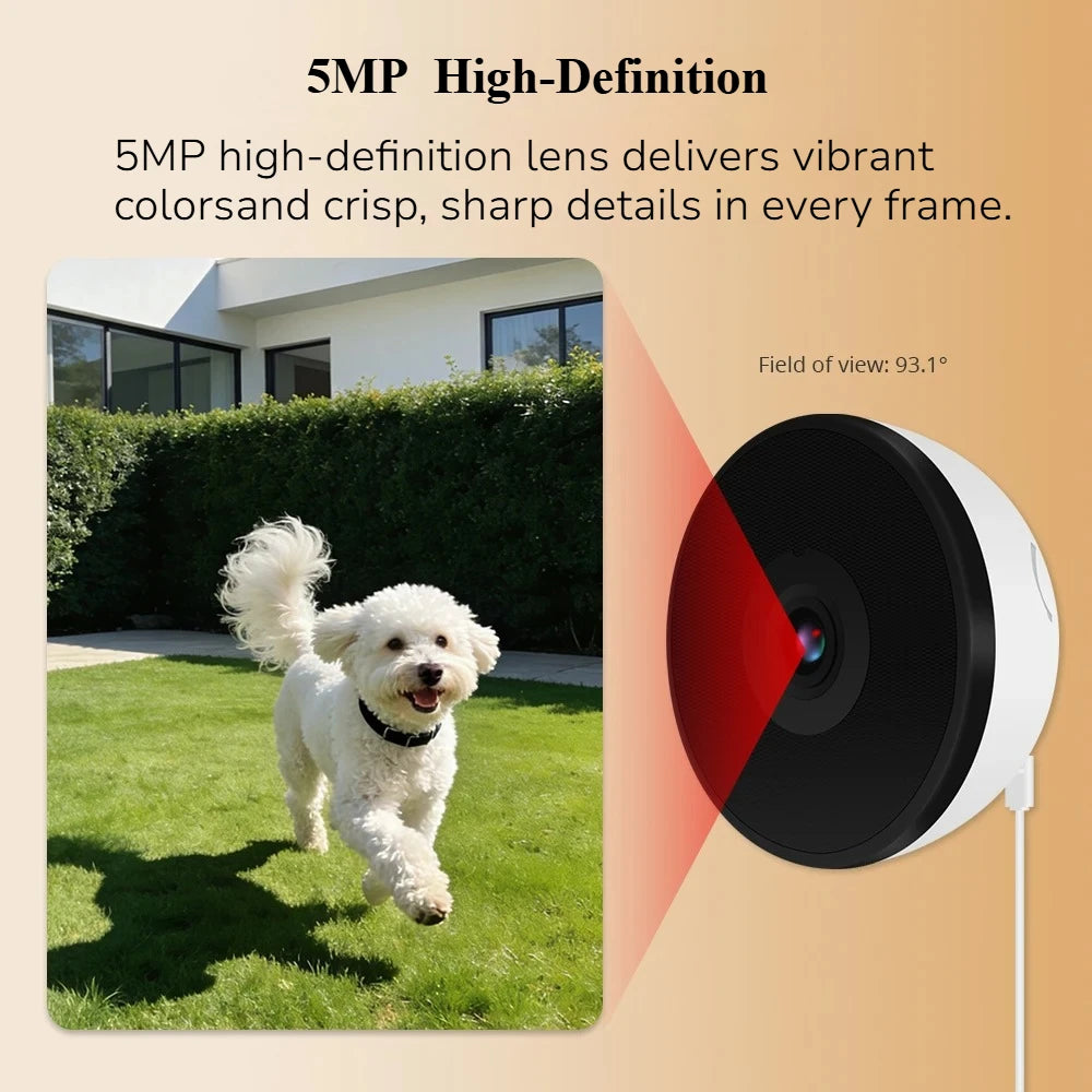 A 5MP high-definition security camera lens is shown next to a video of a dog in a grassy yard.
