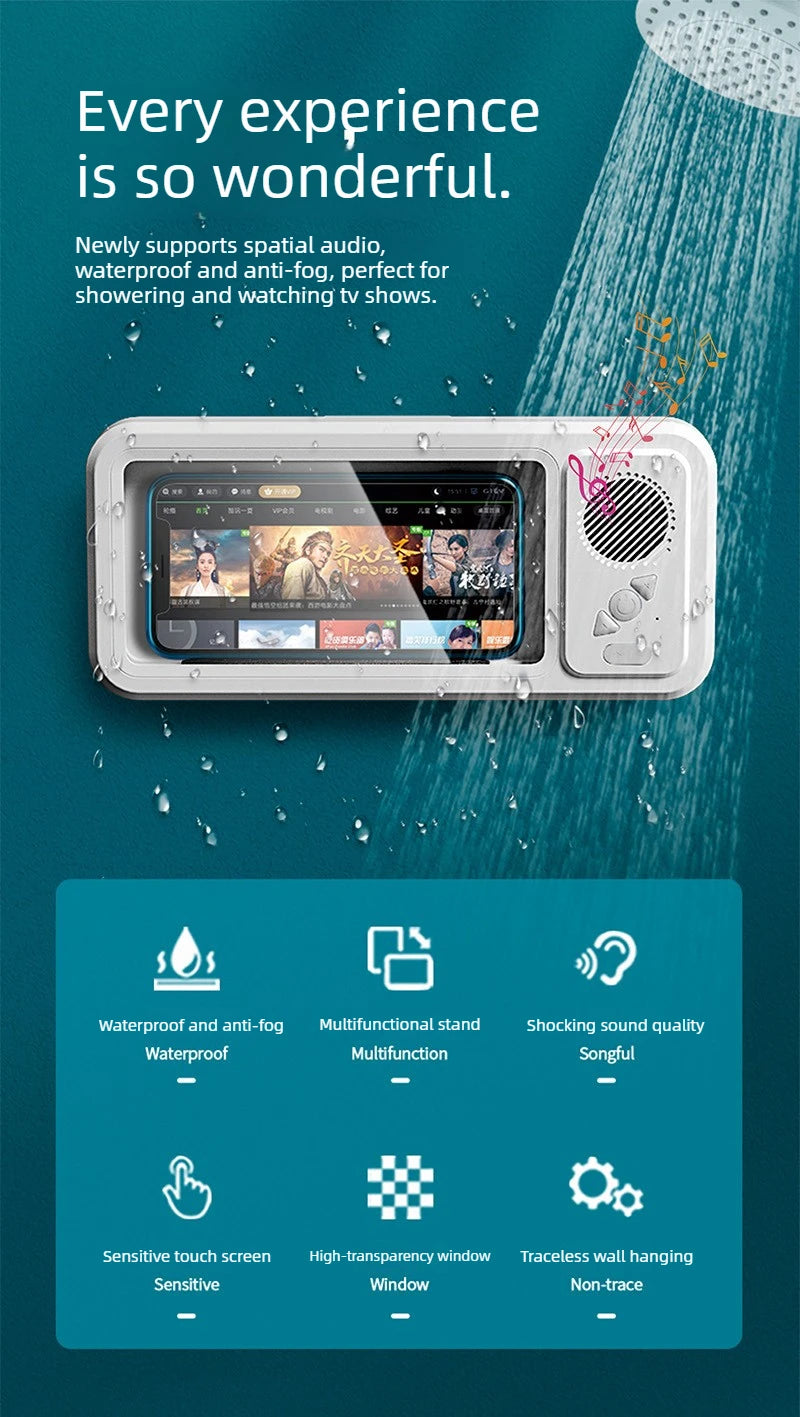 A white waterproof phone holder with a screen and speaker is shown against a blue background.