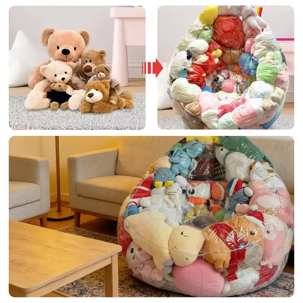 A large inflatable plush toy storage bag filled with various stuffed animals and toys.