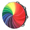 A wooden hand tambourine with steel jingles shown in a close-up, colorful spiral pattern.