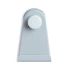 A light gray hanging bath toy storage bag with a circular opening.