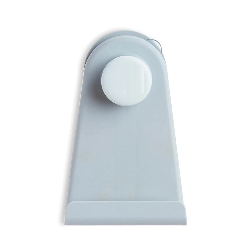 A light gray hanging bath toy storage bag with a circular opening.