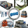A collection of heavy-duty rope tensioners and tying tools including a blue rope, orange life vests, and various bundles of r