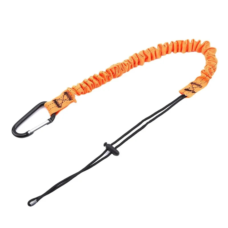 Orange bungee tether with a carabiner hook for safety and securing items