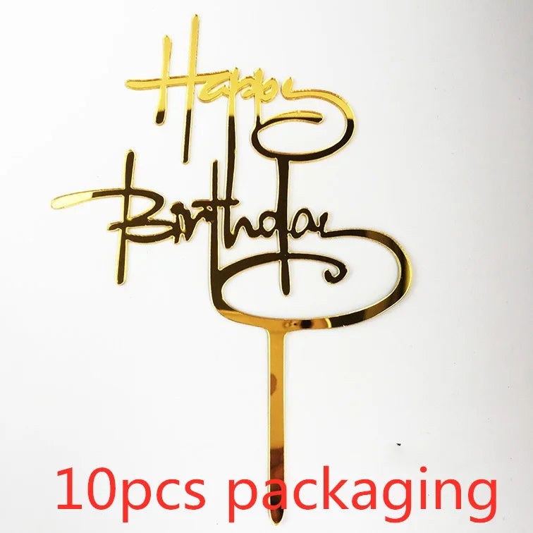 Gold Acrylic Happy Birthday Cake Toppers (Set of 10)