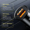 A close-up view of a black USB-C car charger showing dual USB outputs and a Type-C output specifications.