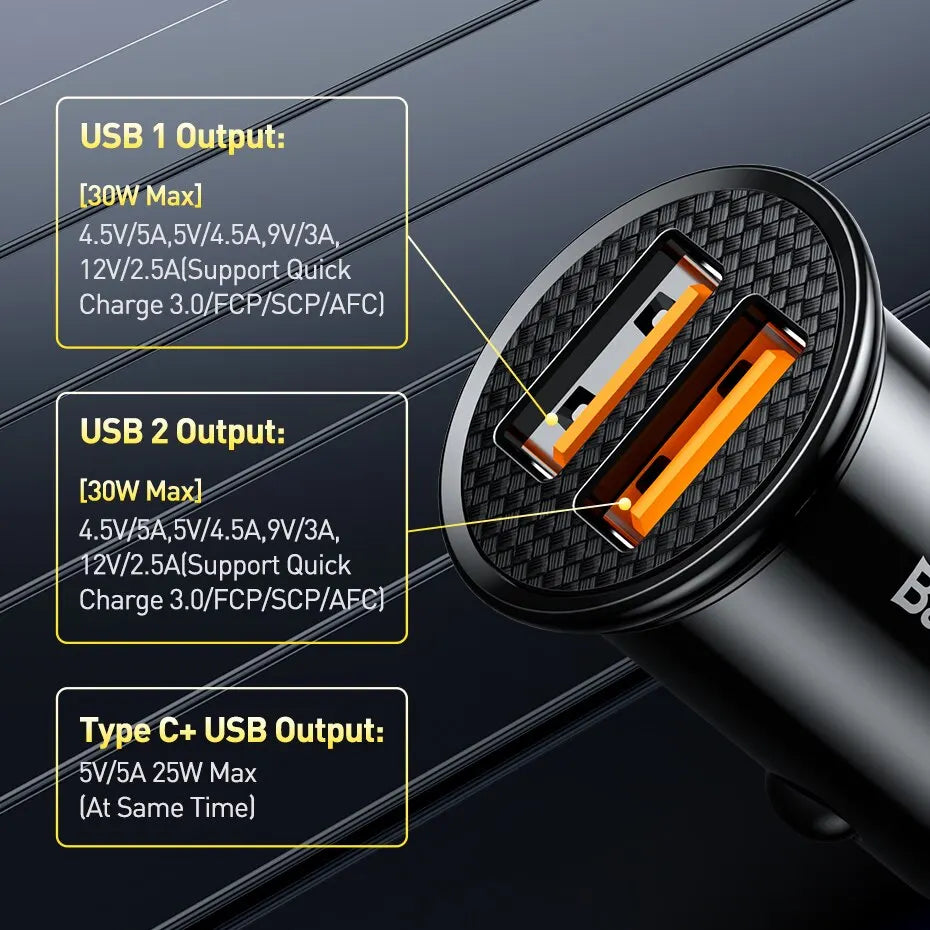 A close-up view of a black USB-C car charger showing dual USB outputs and a Type-C output specifications.
