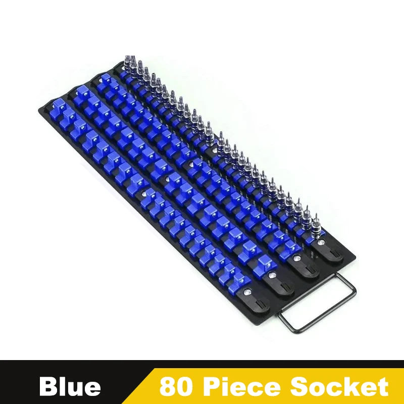 Blue 80 piece portable socket organizer tray with a handle