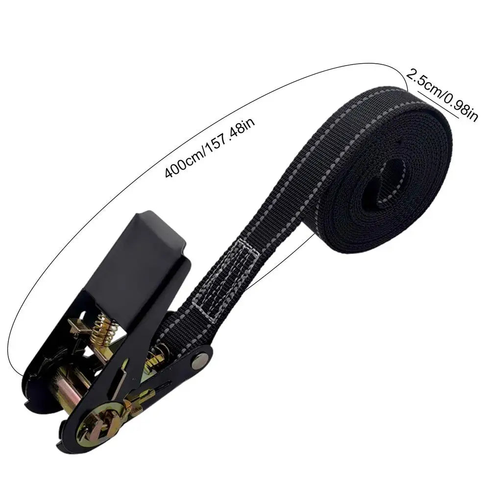 Black heavy duty ratchet tie down straps with measuring tape and coiled for securing items
