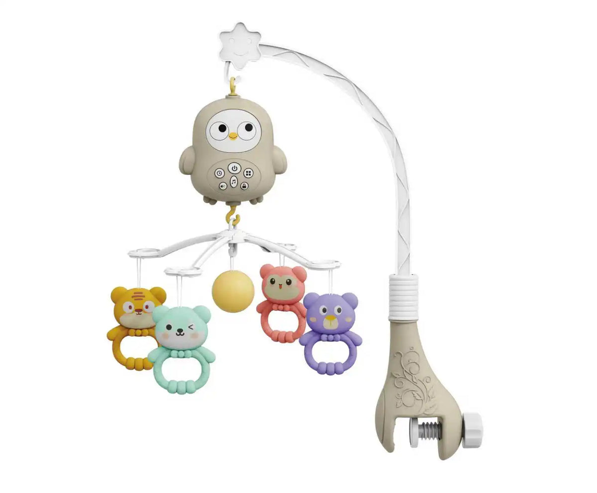 A musical baby crib mobile featuring an owl design with a light projector and soothing sounds.