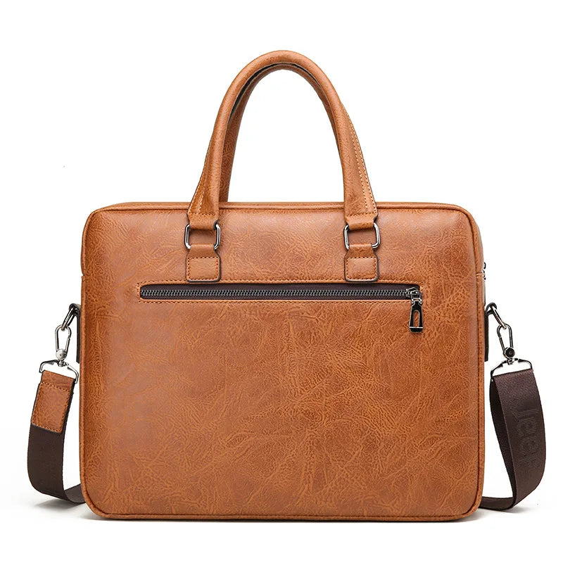 Braunes Herren-Leder-Business-Etui mit Top-Griff und Reißverschlusstasche.