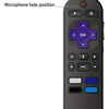 A close-up view of a black silicone remote cover for a Roku device showing various buttons and a microphone hole position.