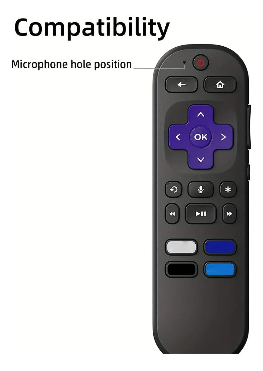 A close-up view of a black silicone remote cover for a Roku device showing various buttons and a microphone hole position.