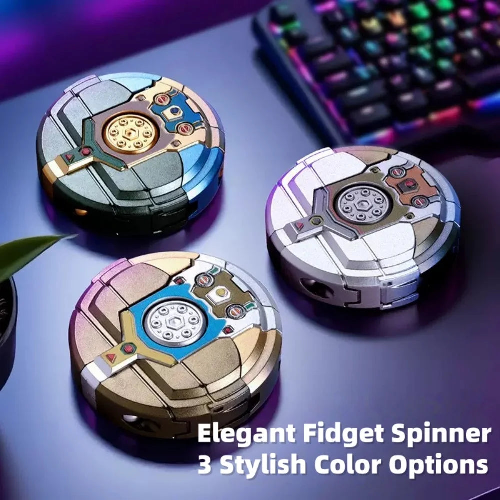 Three elegant fidget spinners in different colors resting on a dark surface next to a keyboard