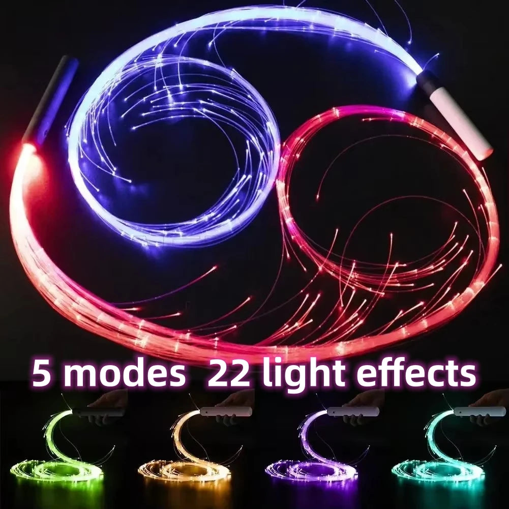 LED fiber optic dance whip with 360 degree swivel showing five different light effects
