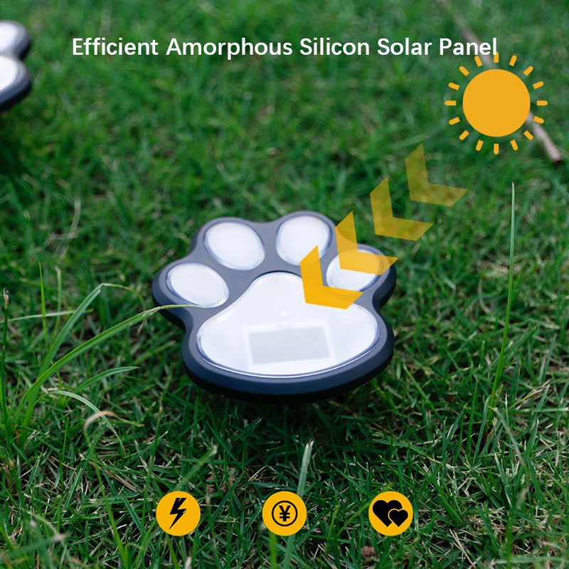 An efficient amorphous silicon solar panel shaped like a dog paw, placed on green grass with a sun icon.