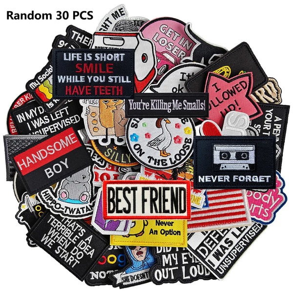 A variety pack of 30 embroidered patches featuring various text and designs on a black background