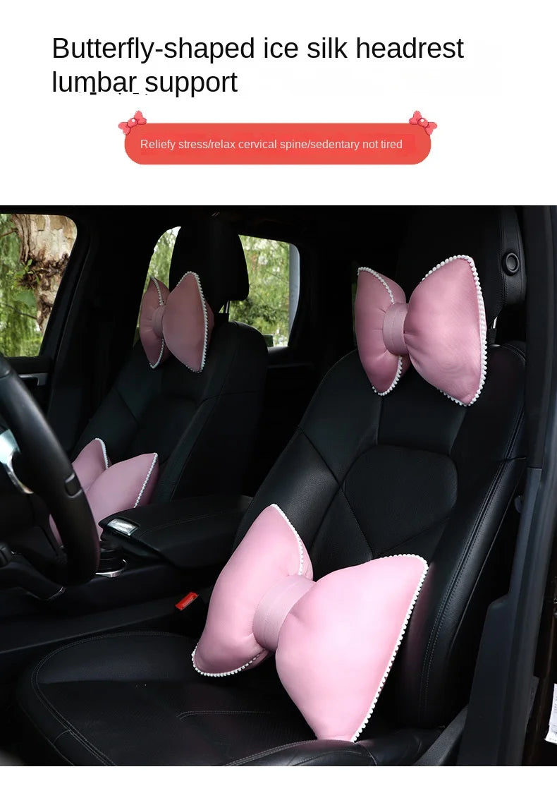 Pink butterfly-shaped ice silk headrest lumbar support pillow with a matching waist cushion set shown in a car seat.