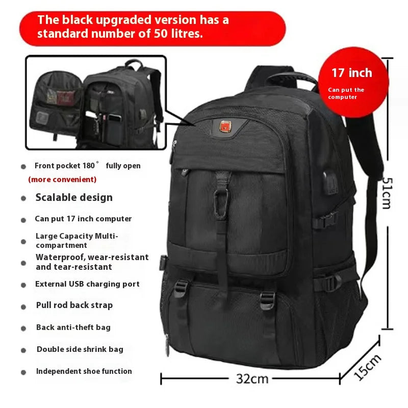 Black upgraded travel backpack featuring a laptop sleeve, front pocket, and shoe compartment.