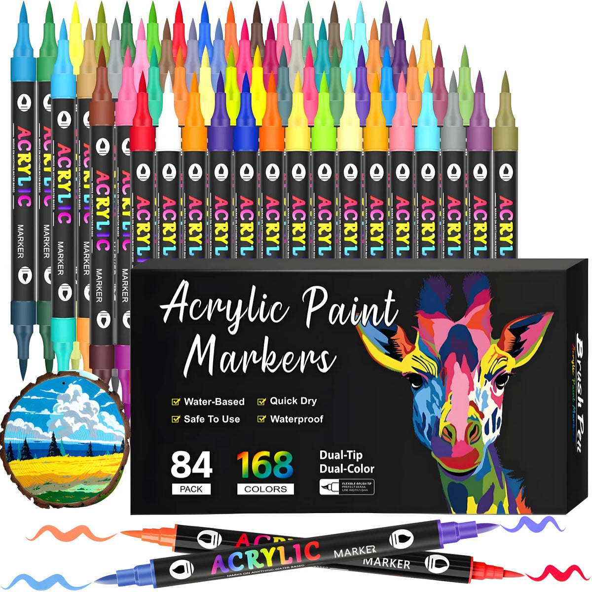 Eine Sammlung von Acrylmarkern mit zwei Spitzen in verschiedenen Farben und Schattierungen in einer schwarzen Box.
