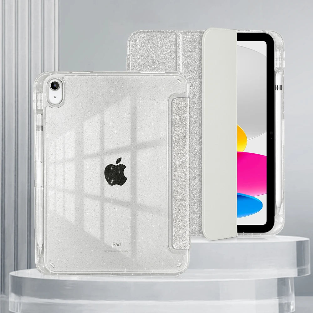 Klare, glitzernde Hülle und Stand für iPad Pro auf klarem Sockel.