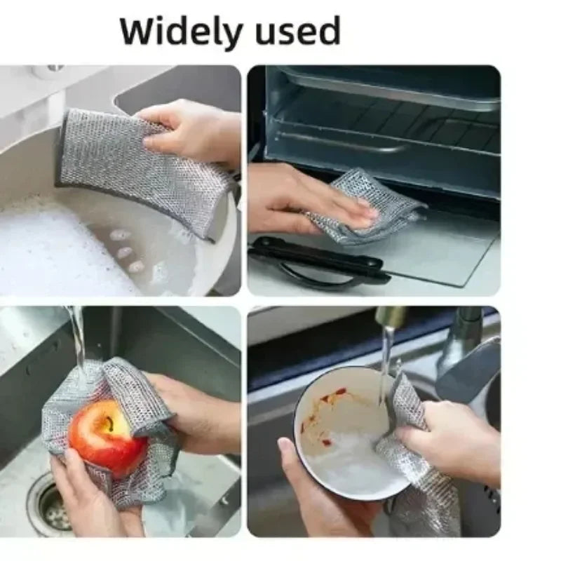 Various uses of multipurpose non-stick kitchen cleaning cloths shown in different contexts.