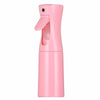 A pink refillable mist spray bottle with a nozzle, designed for hair, skin, and home use.