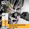 A bottle of EYEW 01 Wheel Cleaner is shown being used to clean dirt from a tire wheel.