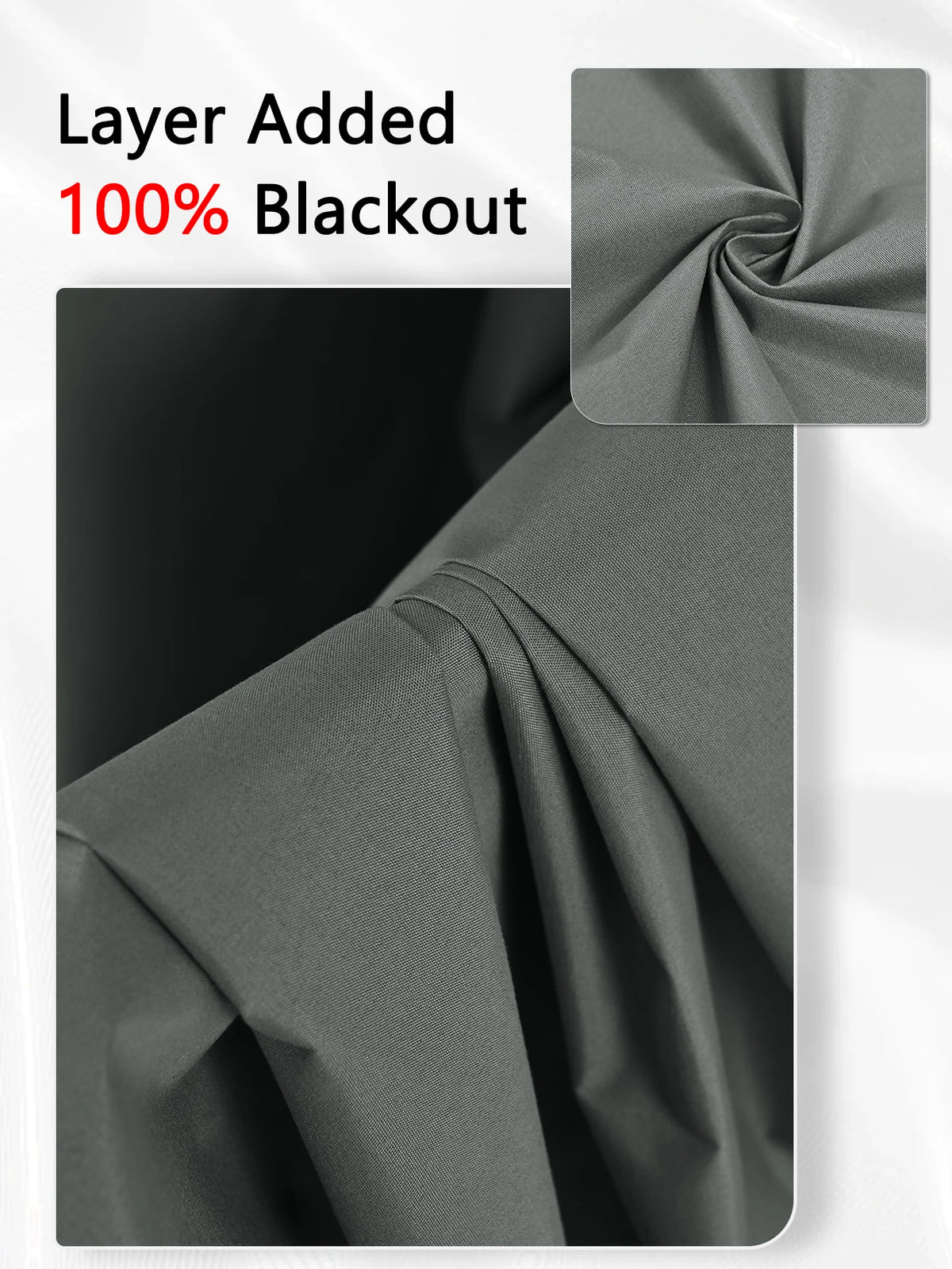 A close-up view of a gray blackout curtain fabric with a tightly rolled section.