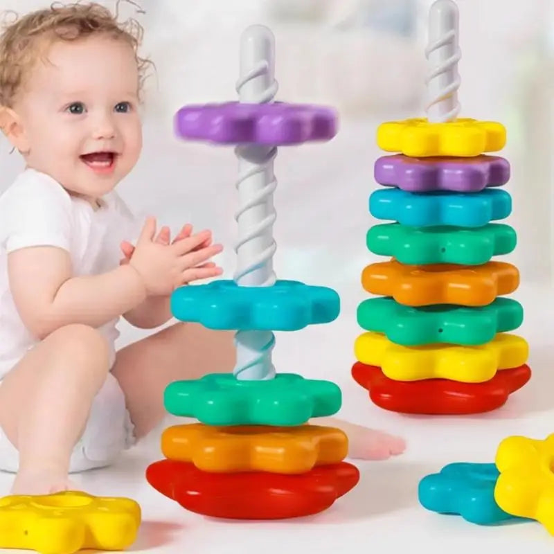 Montessori Rainbow Stacking Tower with Spinning Rings