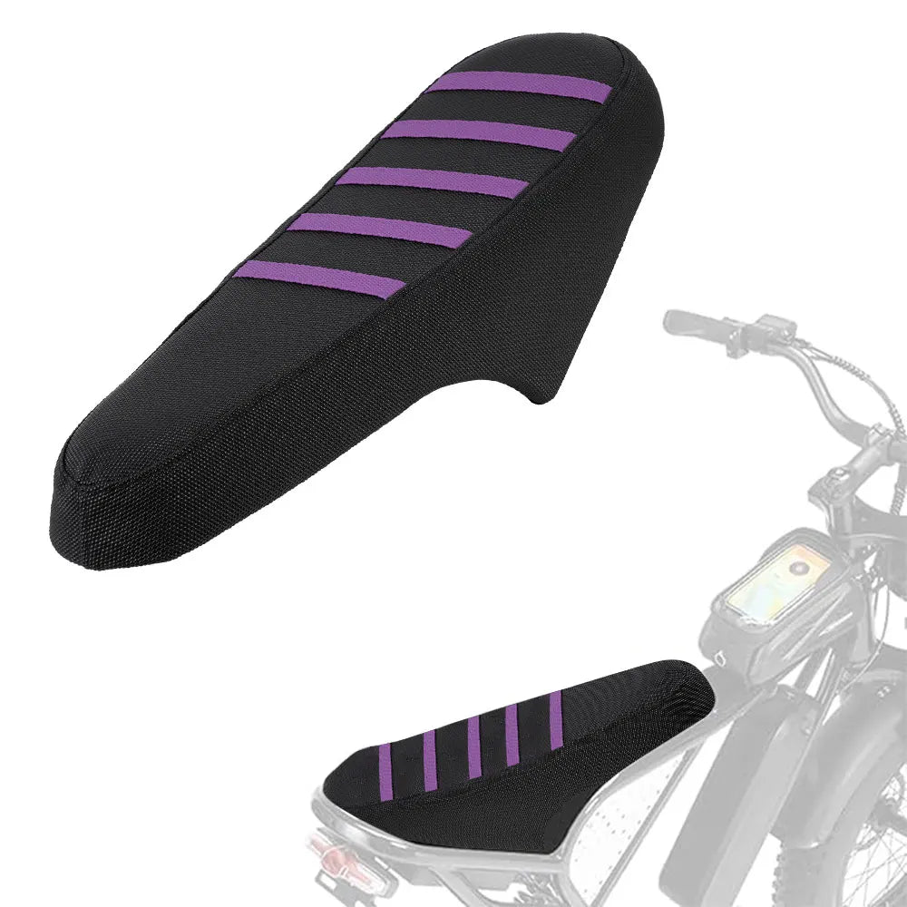 Black motorcycle seat cover with purple stripes and anti-slip particles