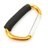 A heavy-duty aluminum stroller hook featuring a gold-colored loop and a black comfort grip strap.