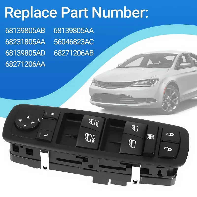 Black master power window switch for Jeep Grand Cherokee, showing various part numbers.