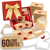 A set of red and kraft paper love notes, including folded cards and envelopes with heart designs.