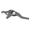 A close-up view of a black CNC aluminum brake and clutch lever set for a Sur-Ron Ultra Bee.