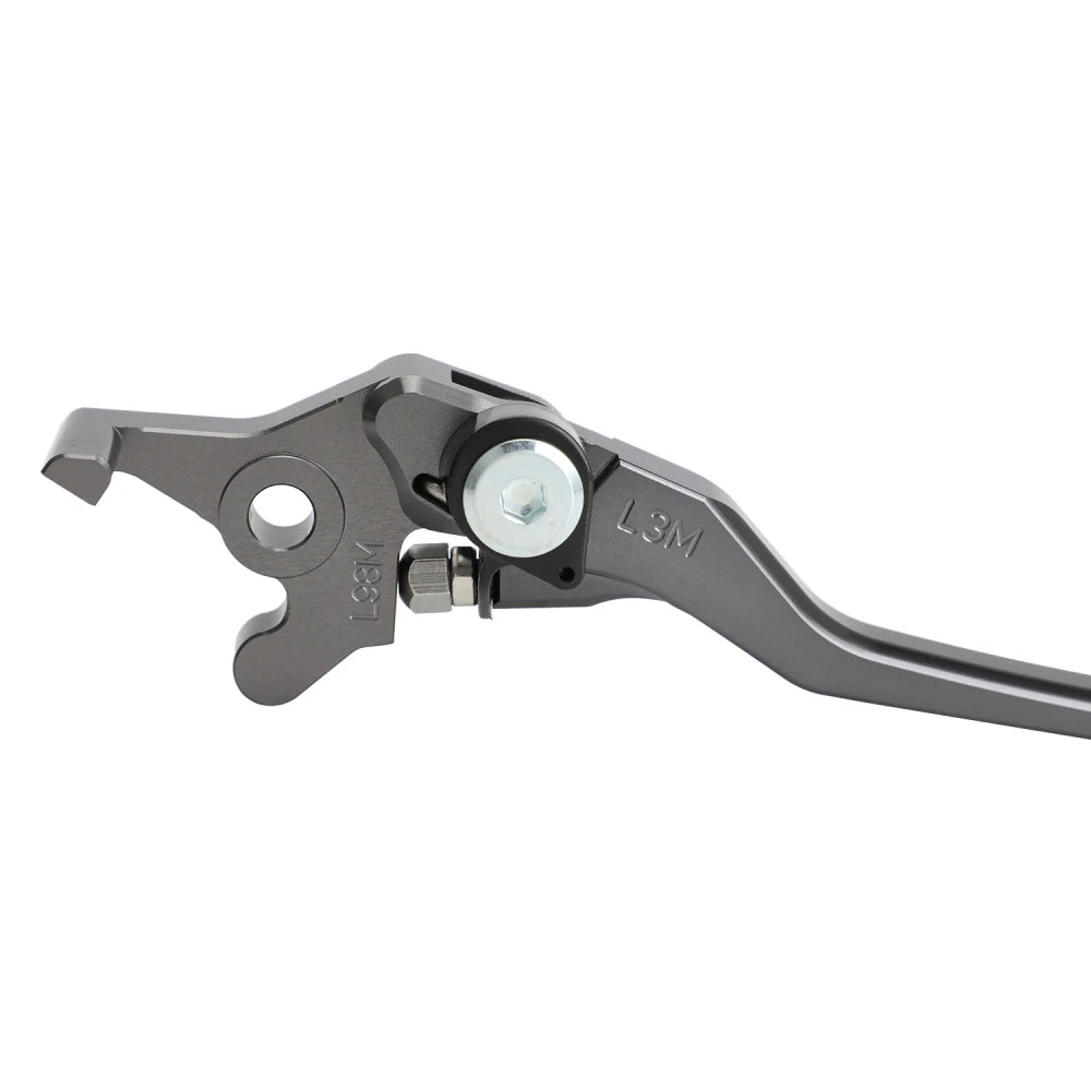A close-up view of a black CNC aluminum brake and clutch lever set for a Sur-Ron Ultra Bee.